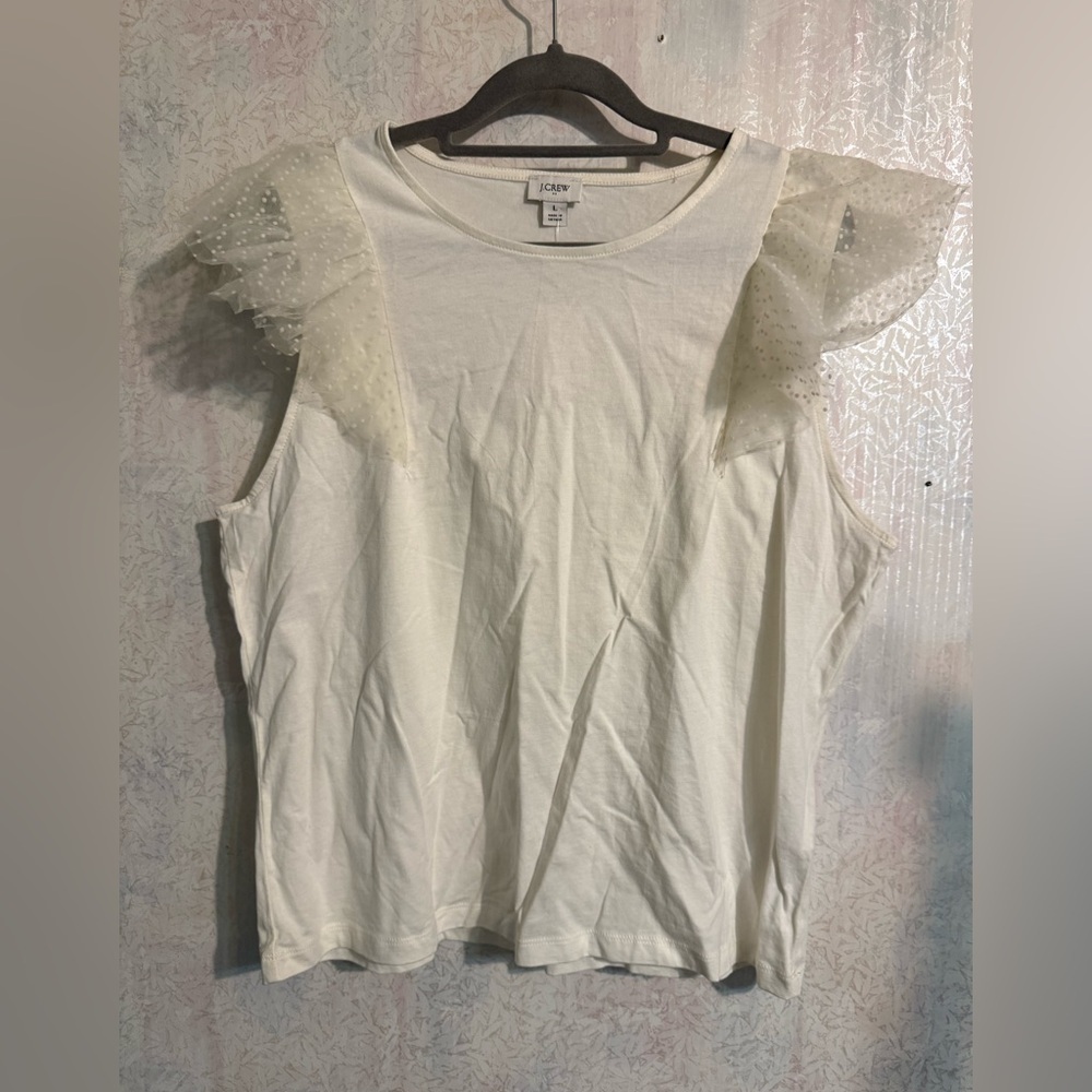 J. Crew Ivory White Tulle Sleeve 100% Cotton Tank, Summer, Boho, Feminine, Sz Lg